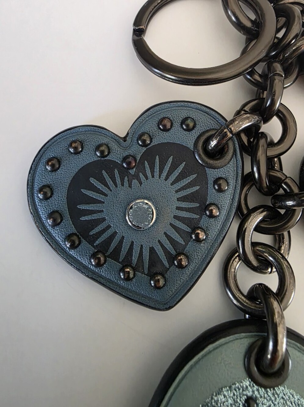 Coach Heart Motif Leather Bag Charm Key Fob Blue Studded Glitter Hard To Find - Picture 12 of 14